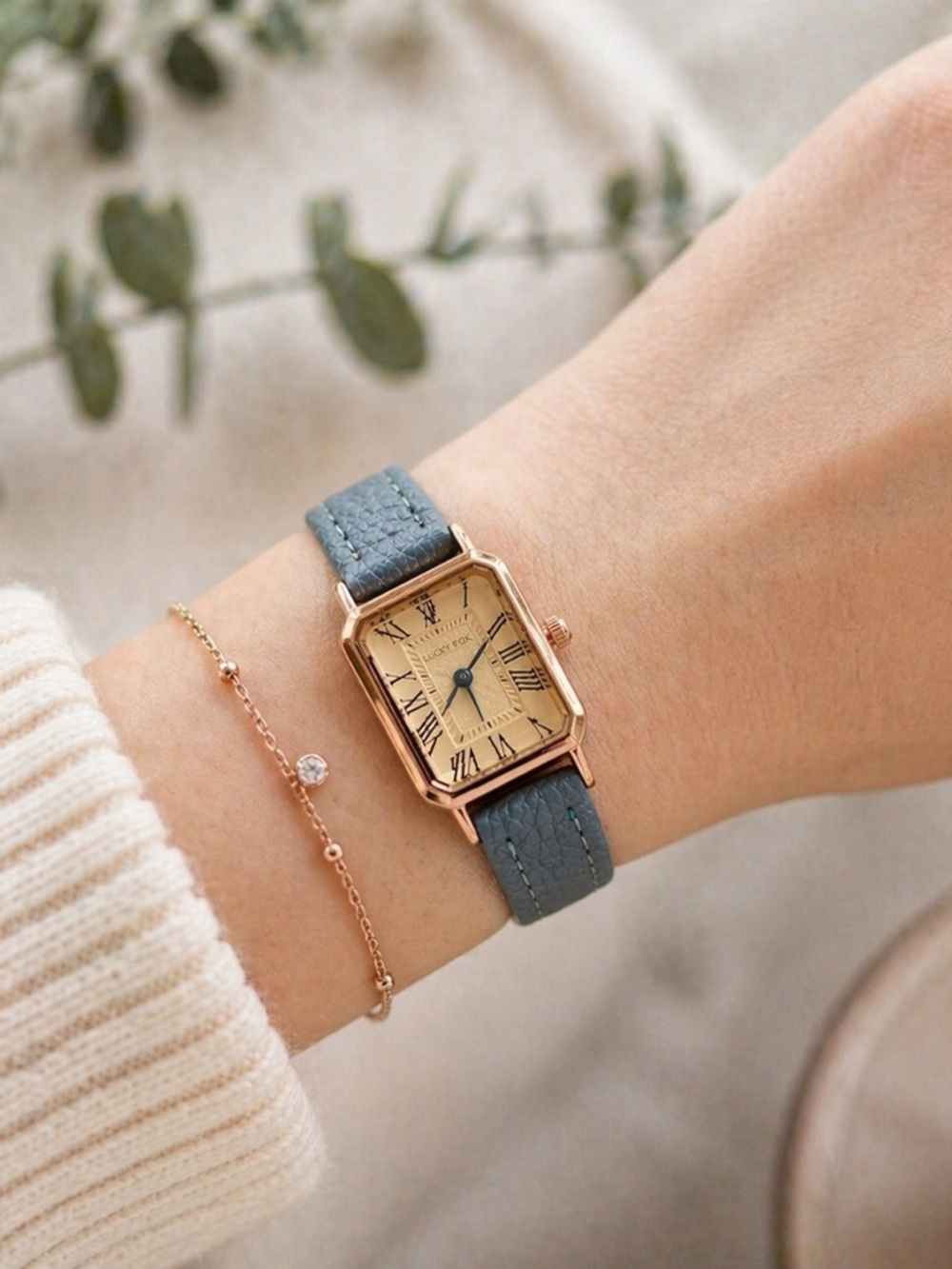 Women’s Rectangular Watch Rose Gold Blue Strap Roman Numerals New